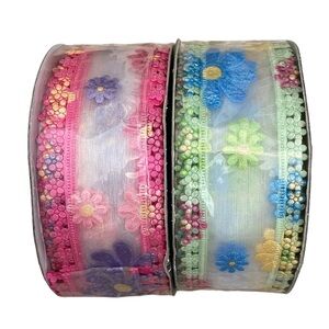 Fabric Ribbon Sheer Floral Trim Decorative Pink Purple Lime craft decor gift New